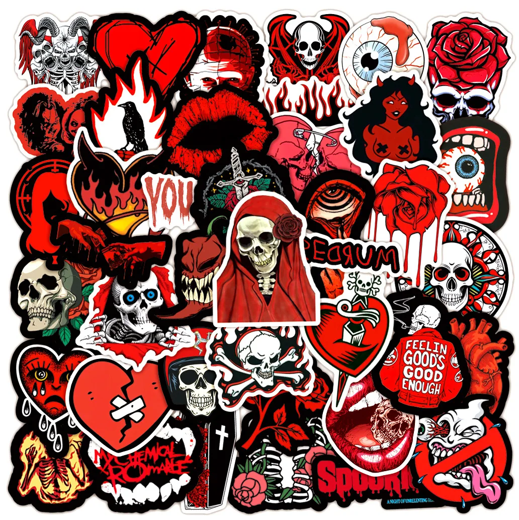 50Pcs Bright Red Gothic Skull Series Graffiti Stickers Suitable for Laptop Helmets Desktop Decoration DIY Stickers Toy Wholesale 50pcs peony sticker nice looking bright color waterproof school supplies laptop stickers floral stickers