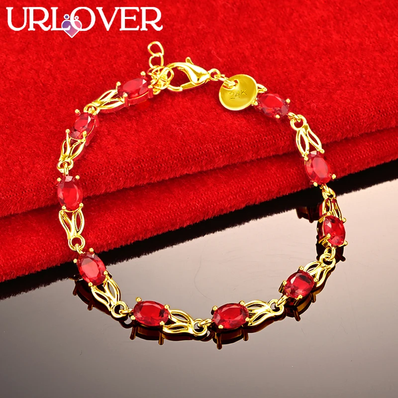 Urlover 24K Gouden Armband Voor Vrouw Rood Zirkoon Kristal Konijn Ear Link Armbanden Lady Party Bruiloft Verloving Mode Sieraden