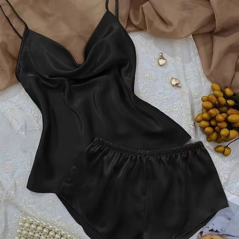 Women Ice Silk Pajamas Sleepwear Pajama Set Camisole Shorts Pink Black Blue M L XL Sexy V Neck Low Cut Smooth Casual Summer