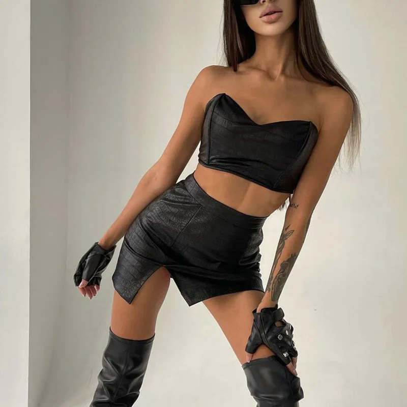 BKLD Black 2024 Summer New Party Strapless Crop Tops Sexy High Waist Slim Fit Two Pieces Women Outfits Split Mini Skirt Sets