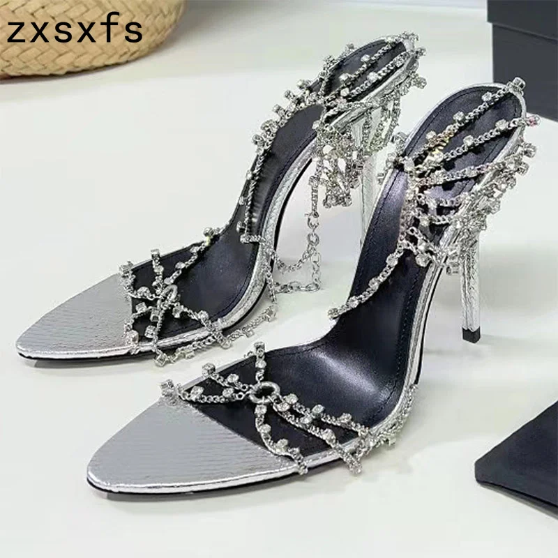 

Sexy Pointed Toe Crystal Chain Leather Thin High Heels Sandals Women Buckle Strap Pumps Brand High Quality Runway Ladies Shoes