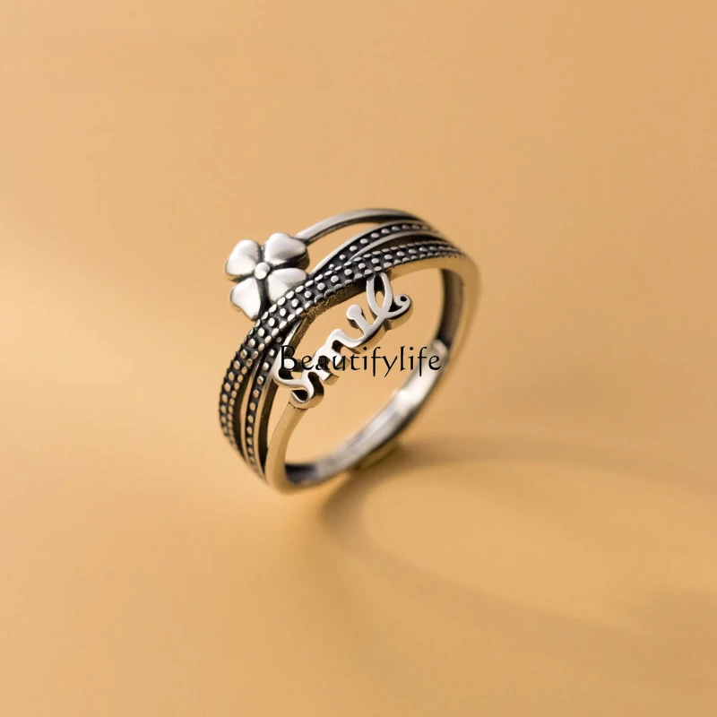 

S925 Sterling Silver Lucky Four-Leaf Clover Ring Niche Accessories Retro Affordable Luxury Advanced Design