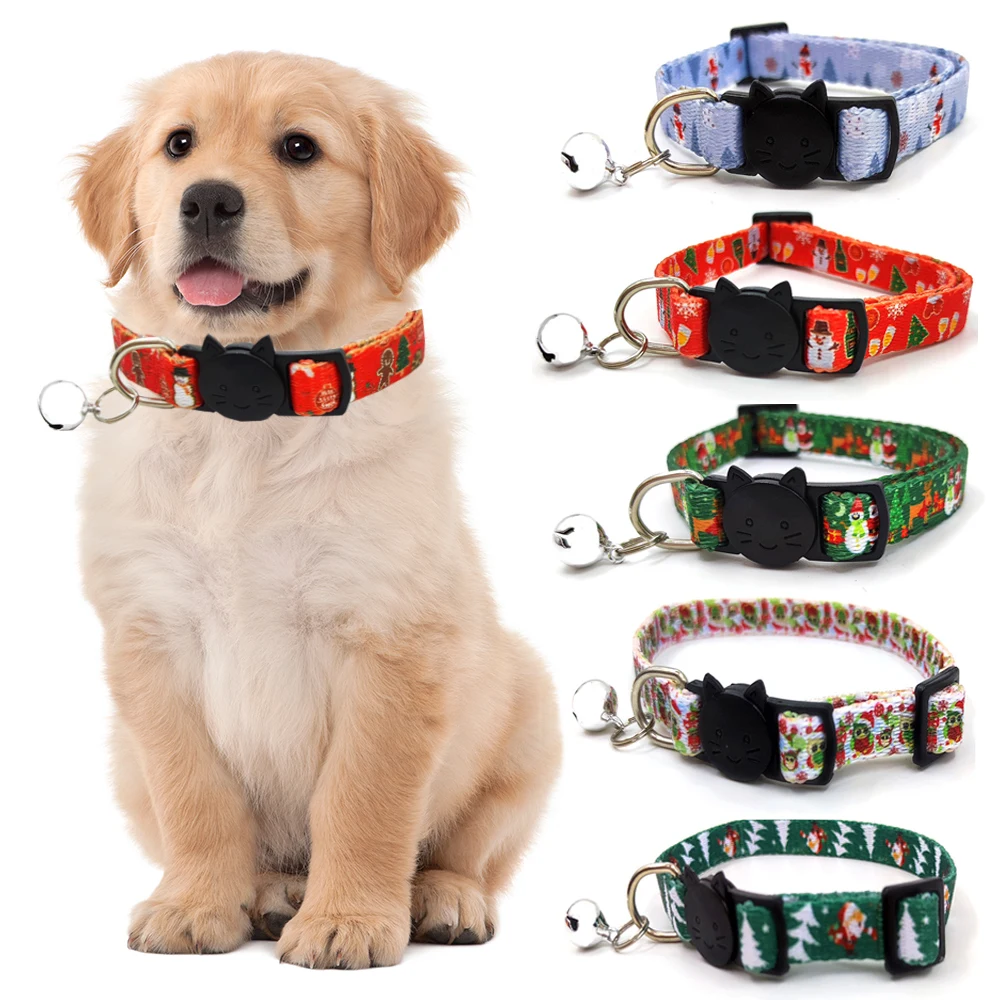 

Christmas Adjustable Safety Dog Collar With Bell Casual Nylon Cats Belt Neck Strap Fashion Print Delicate Pet Necklace Collars