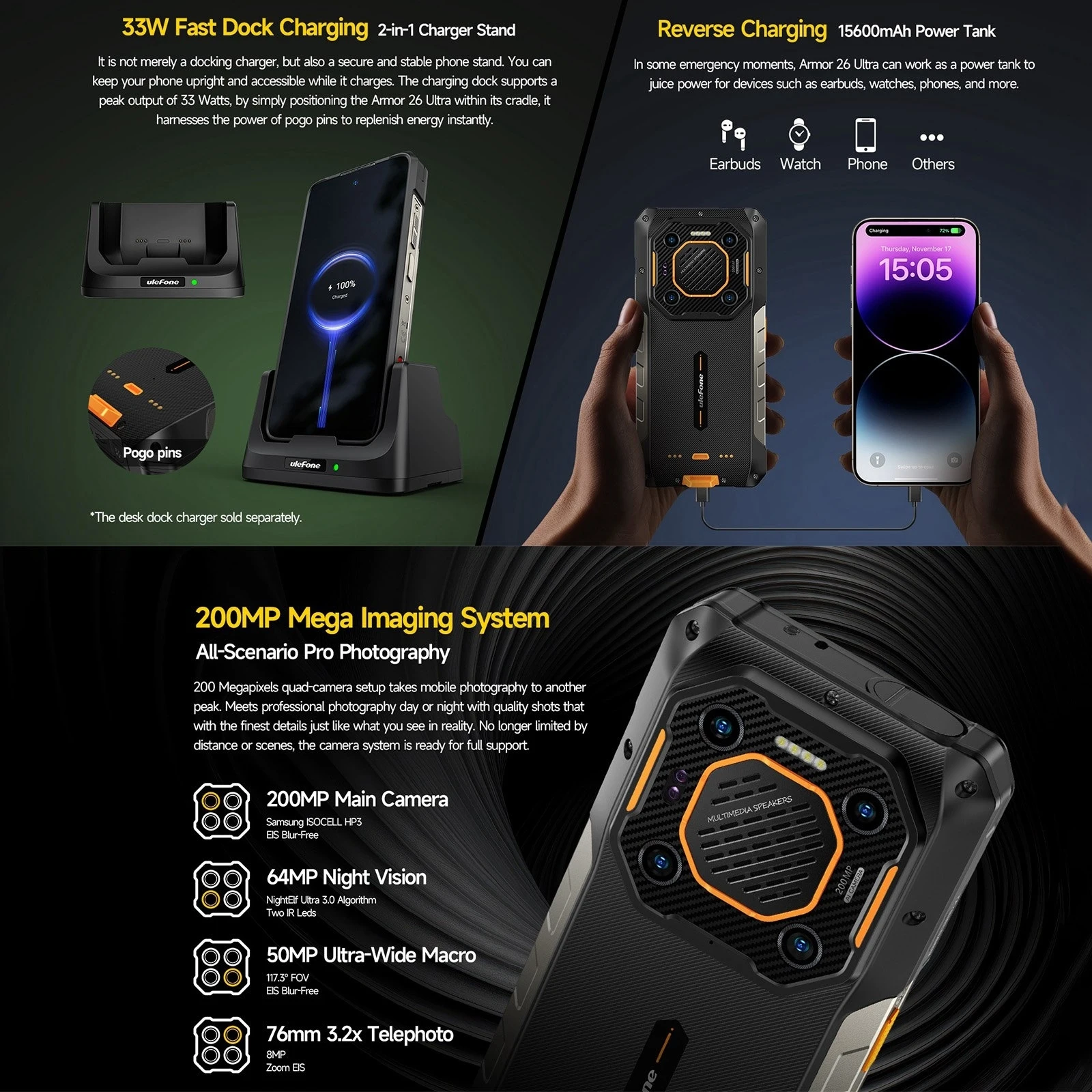 Ulefone Armor 26 Ultra 5G Rugged Smartphone Waterproof 6.78 inch 120W 15600mAh 200MP Camera 64MP Night Vision Android 13 NFC