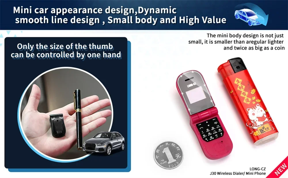 UNIWA J30 2G Mini Flip Phone with Push Button Wireless Bluetooth Dialer Multi-function FM Magic Voice Handsfree Earphone