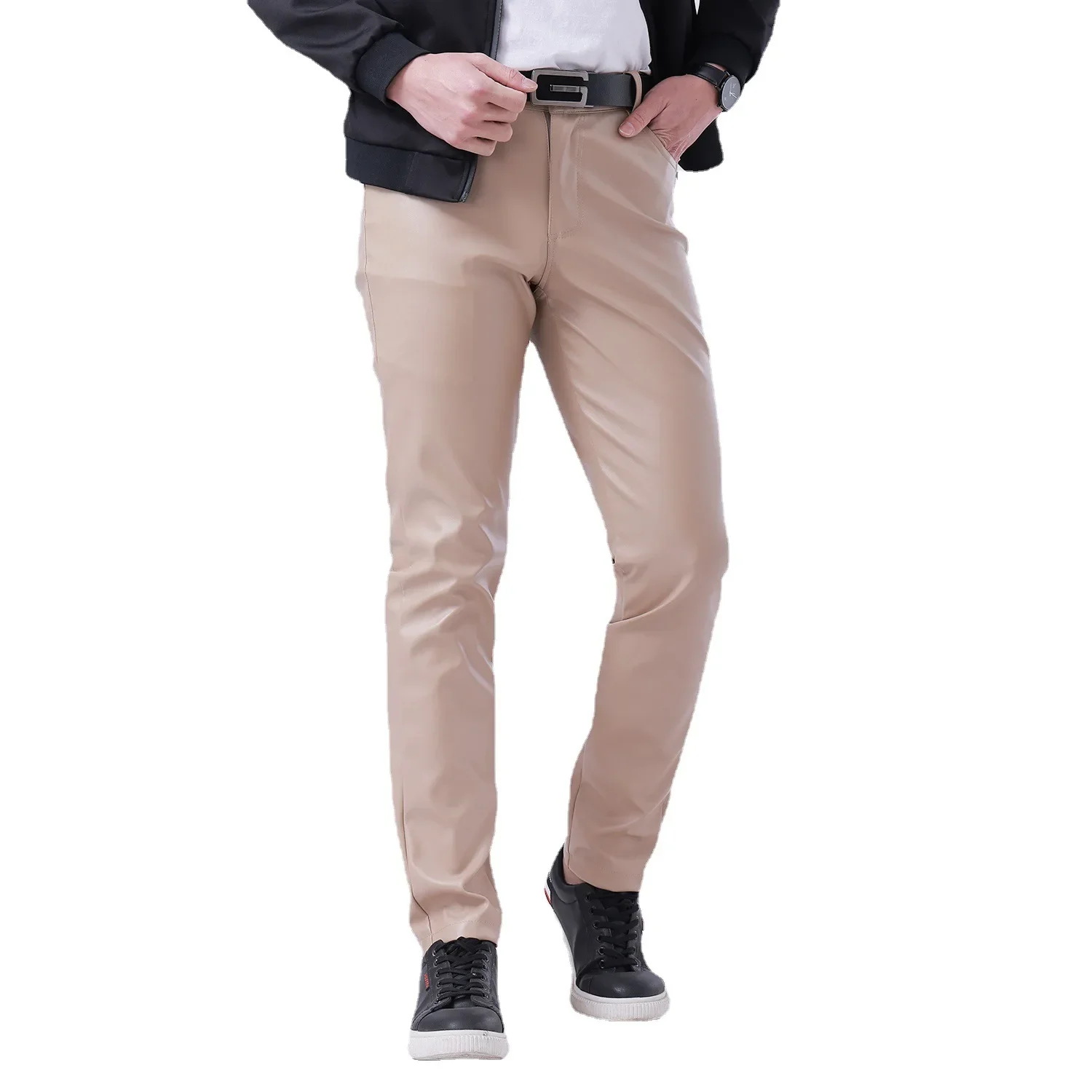 Mens Leather Pants Stretch Slim Fit White Bar for Men Spring Summer