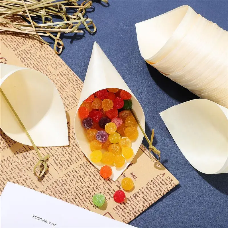 100Pcs Disposable Wood Tasting Cones Small Dessert Cones Paper For Food Cone Packaging Container Wood Plate For Home