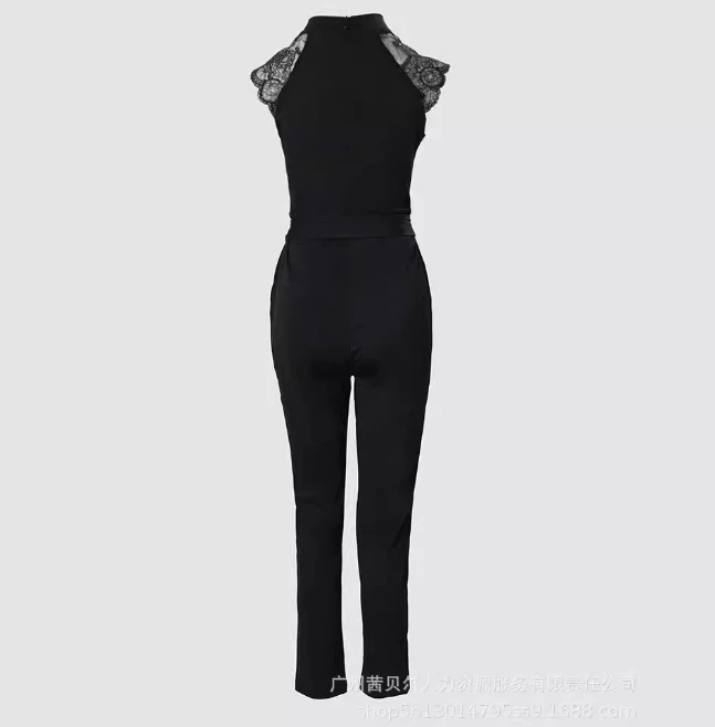 Lace Patchwork Flower Hollowed Out High Collar, Waist Tied, Sleeveless Solid Color Jumpsuit with Belt, Summer Women's Casual Set