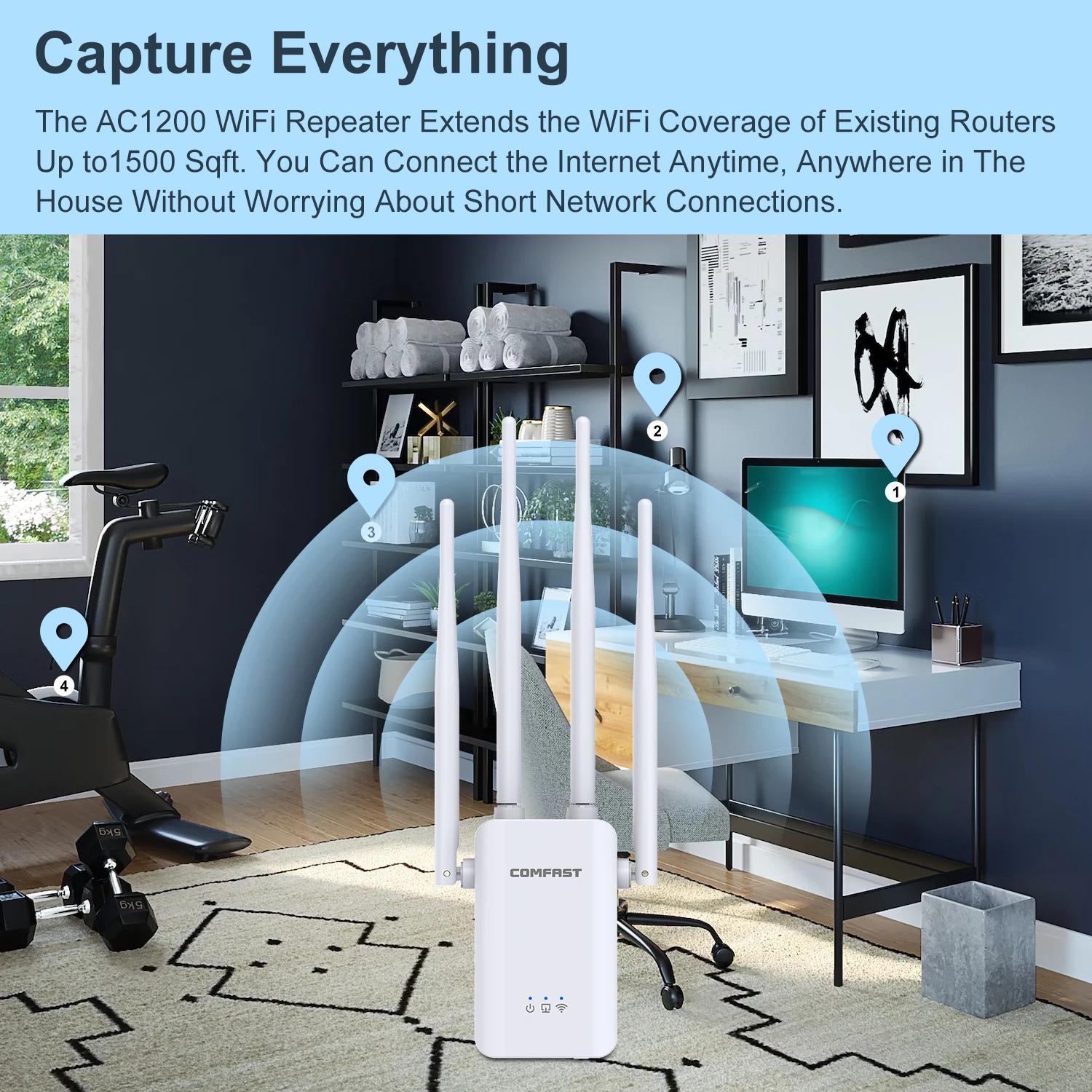 fio, amplificador poderoso, Wi-Fi Booster, repetidor, roteador,
