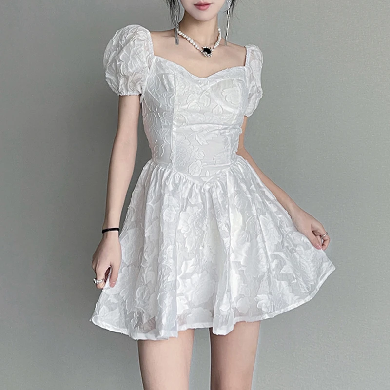 

2022 Summer Square Collar Short Puff Sleeve Dresses Solid Color Vintage Loose Dress Women High Waist Fashionable