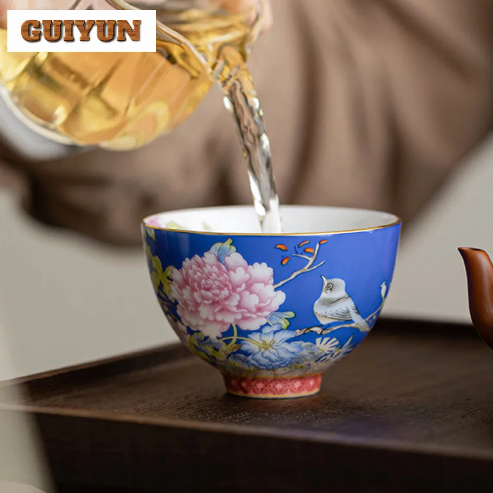 65ml Chinese Enamel Color Tea Cup Ceramic Peony Master Cup High-grade Household Palace Flower Tea Set Portable Small Bowl