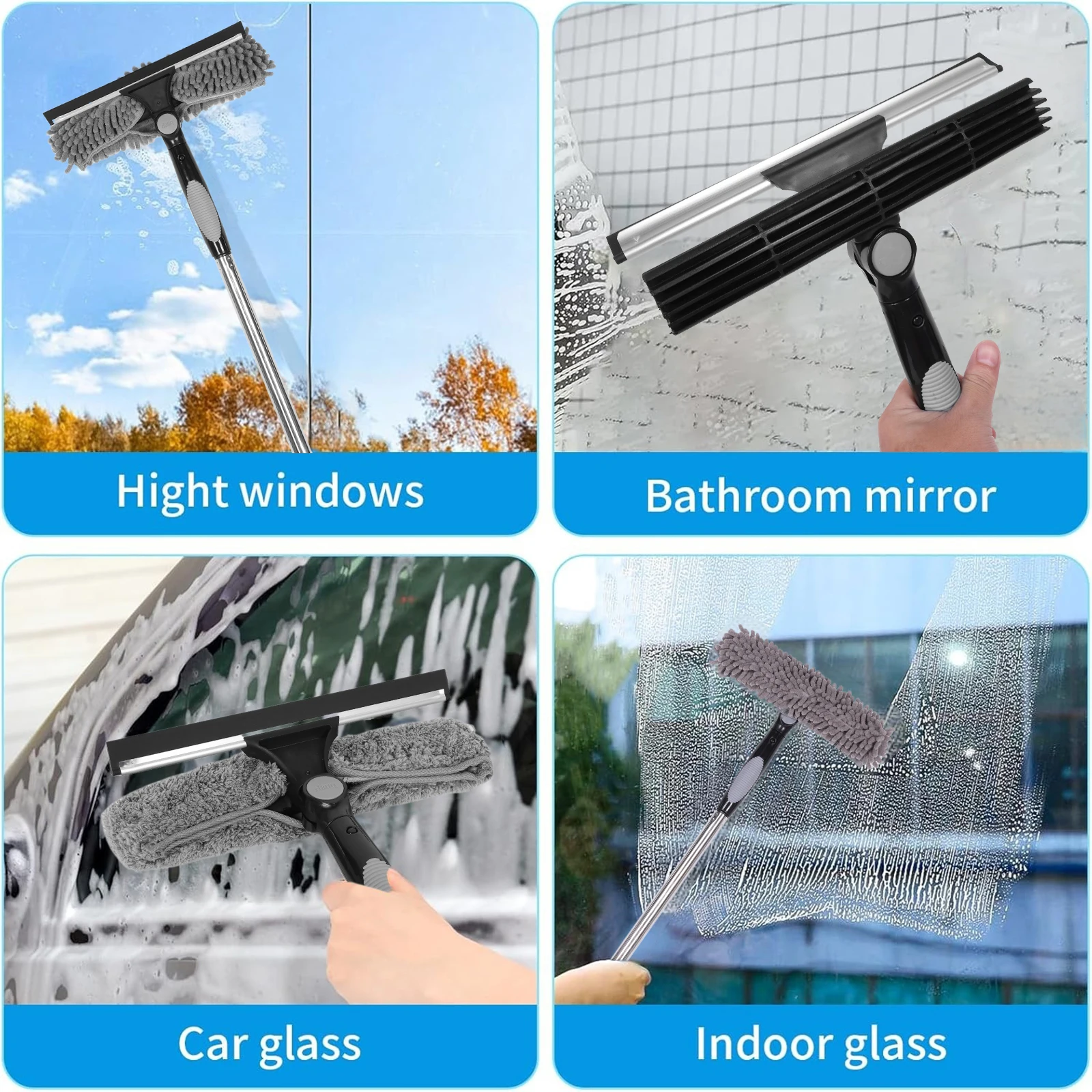 2 in 1 Mop Splicing Rod Rotatable Bathroom Mirror Glass Wiper Adjustable Long Handle Cobweb Duster for Dusting Cleaning Supplies