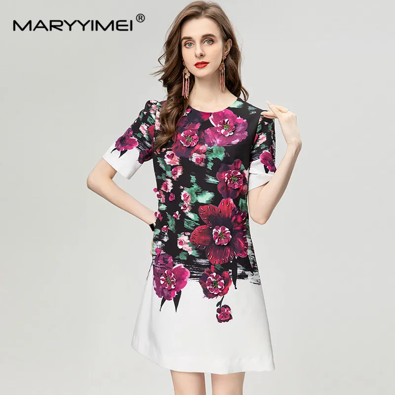 

MARYYIMEI New Fashion Runway Designer Women's Short-Sleeved Beading Appliques Print High Street Black White Elegant Dress