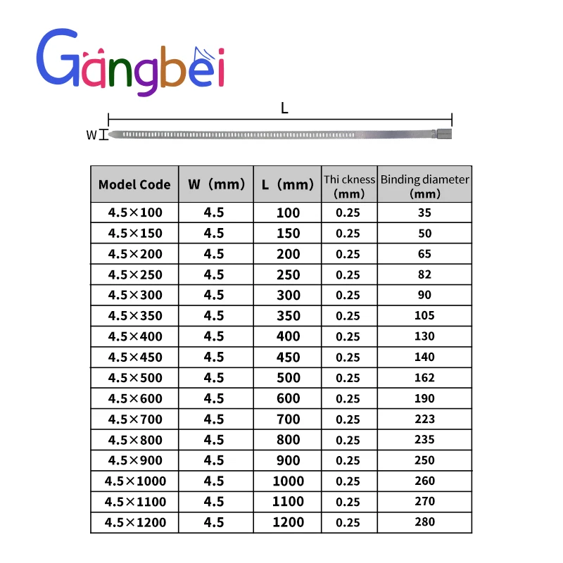 스테인리스 스틸 케이블 타이, 304 버클 케이블 타이, 4.5 100 태양광 마린 스텝 케이블 타이, Gangbei, 4.5*100
