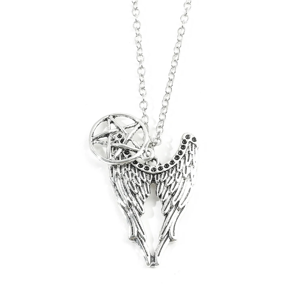 Vintage Silver Tone Angel Wings Necklace with Gothic Pentagram Amulet Pendant