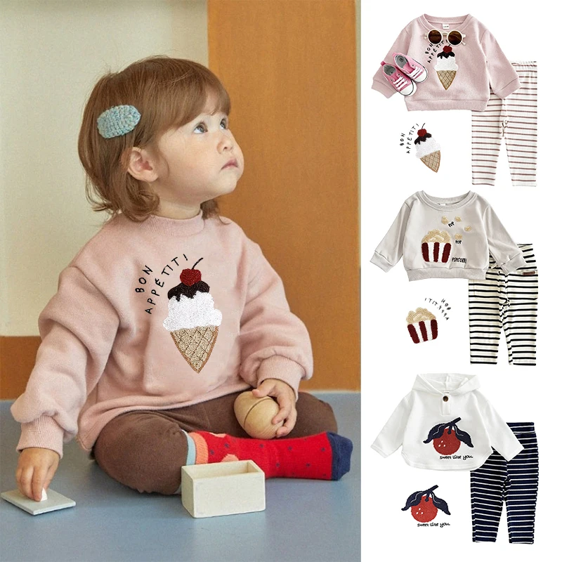 Ircomll 2pcs Kids Clothing Pullover Set Baby Girl Boy Clothes Set Ice Cream Embroidery Long-Sleeved Sweatshirts+Striped Trousers