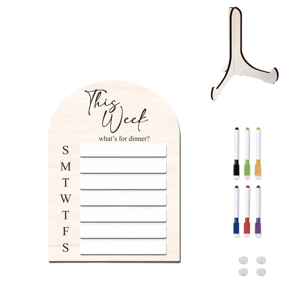 לוח תכנון מזון שבועי מגנטי למקרר מעץ עם עט
