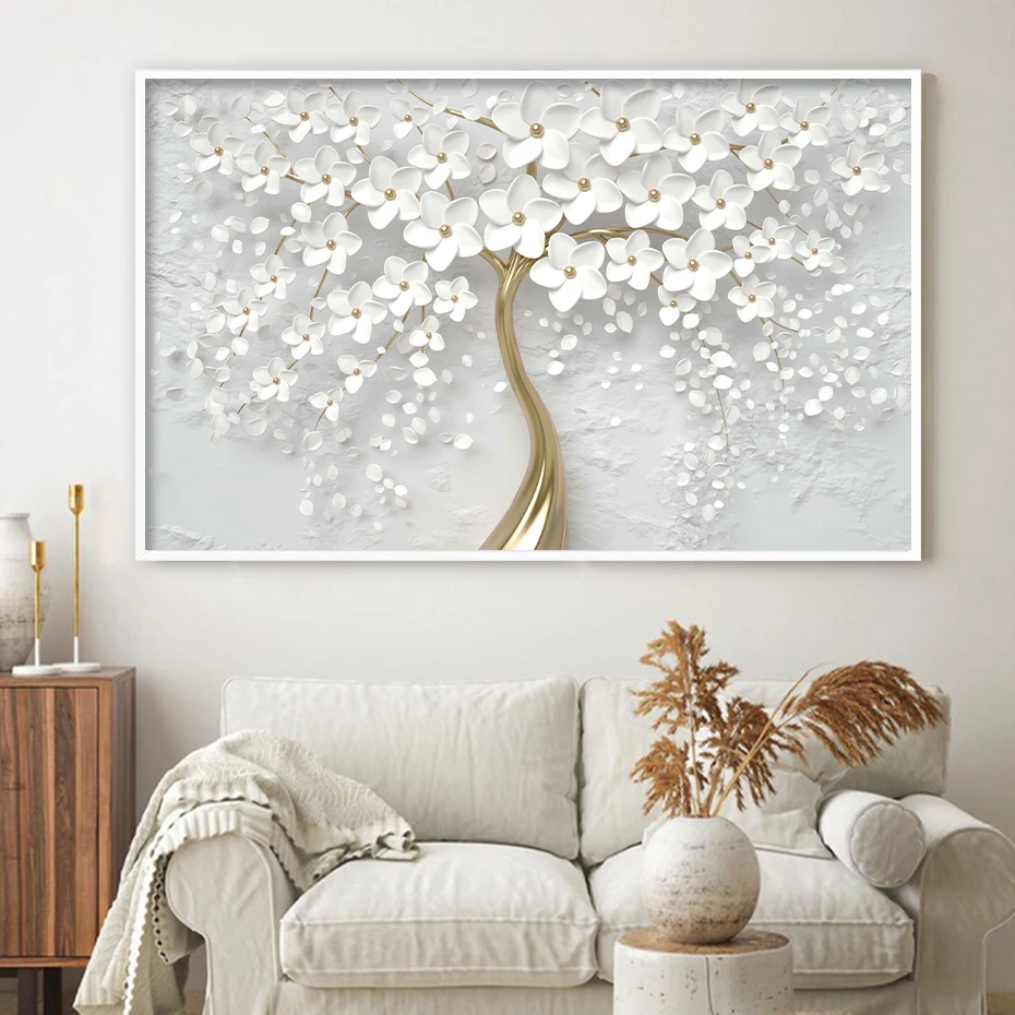 1PCBackWhiteFlowersCanvasGoldTreeTrunkPosterFloralWallArt