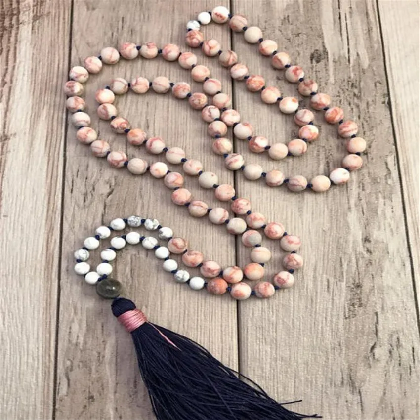 8mm Rhodochrosite Gemstone Howlite Tassel Mala Necklace Stone Metal Prayer Trendy  Meditation Lariat Spiritual Men 108 Beads