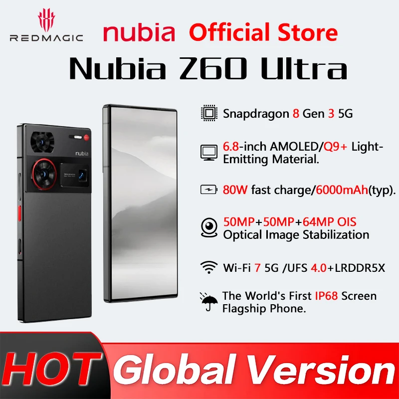 Global Version Nubia Z60 Ultra 64MP Q9+ Full Screen IP68 Snapdragon 8 Gen 3  NFC 6000mAh 80W Fast Charge 5G Smart Camera Phone