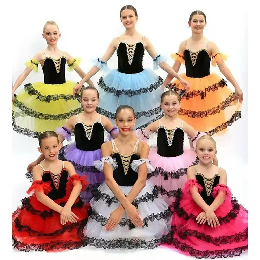 

Long Romantic Ballet Tutus Straped Red Spanish Dress For Adult Girls Performance Tutu Costumes Ballerina Dresses