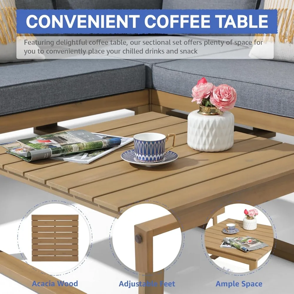 Acacia Wood Patio Furniture L-Shaped Outdoor Sectional Sofa Set with Coffee Table, Conversation Set with Built-in Side Table 6