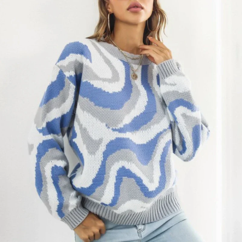 

Autumn Vintage Striped Pullovers Sweater Fashion Woman Long Sleeve O Neck Knitted Sweater Casual Loose Tie-dyed Knitwear 29385