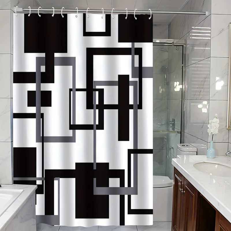 Geometric Black & Gray Print Shower Curtain - Waterproof, Includes Hooks, 180.34cm x 180.34cm - Modern Bathroom Decor 4