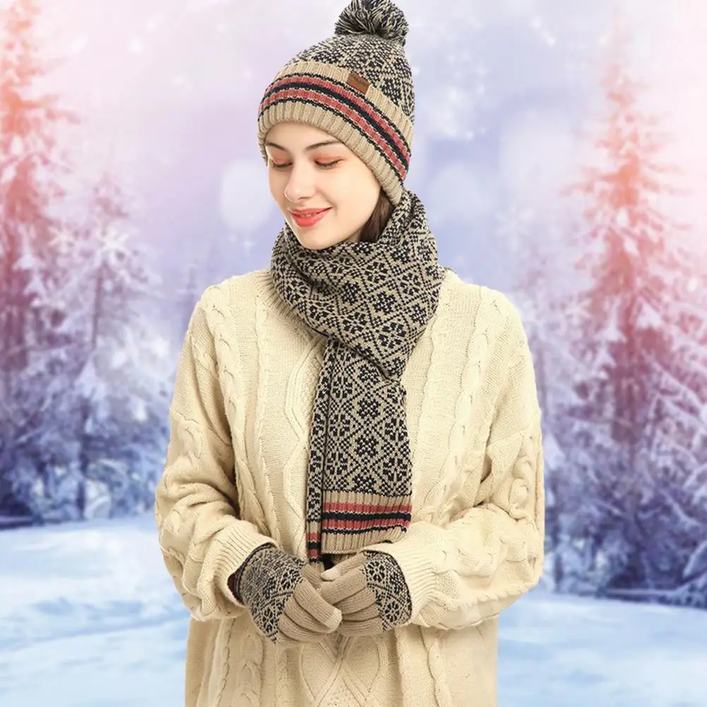 

Women Winter Beanie Hat Long Scarf Touchscreen Gloves Set with Fleece Lined Jacquard Warm Knitted Hat with Plush Ball