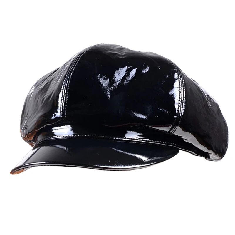Men's Women's Ladies Real leather Shiny Black Patent Leather Fashion Beret Sailor cap Punk Newsboy Caps/Hats
