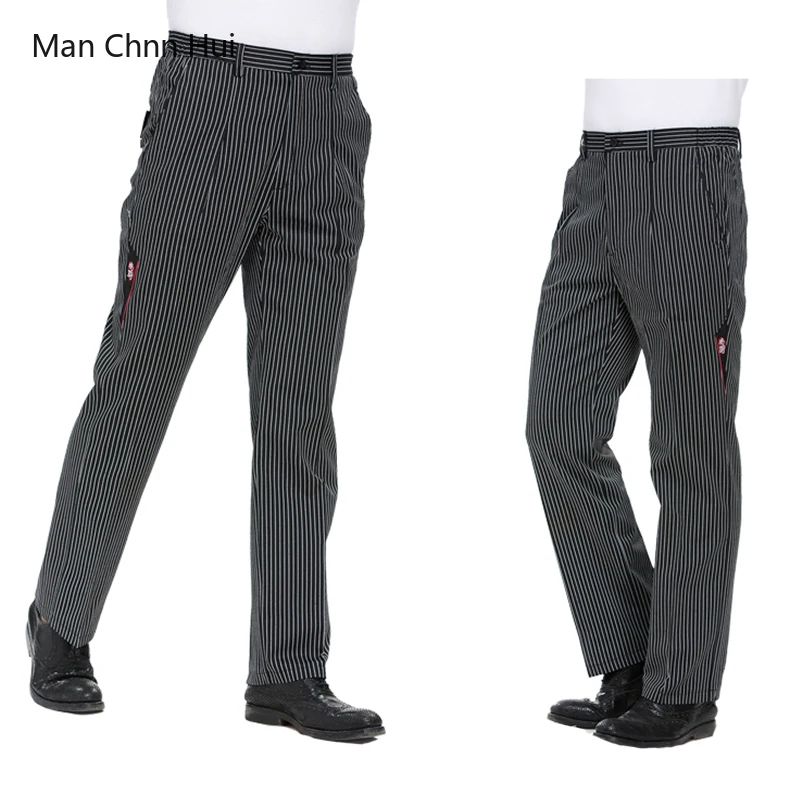 Chef Pants for Men Restaurant Uniform Cooking Trousers Gray Striped Elastic Workwear for Kitchen Zebra Pant Over Sized M-5XL