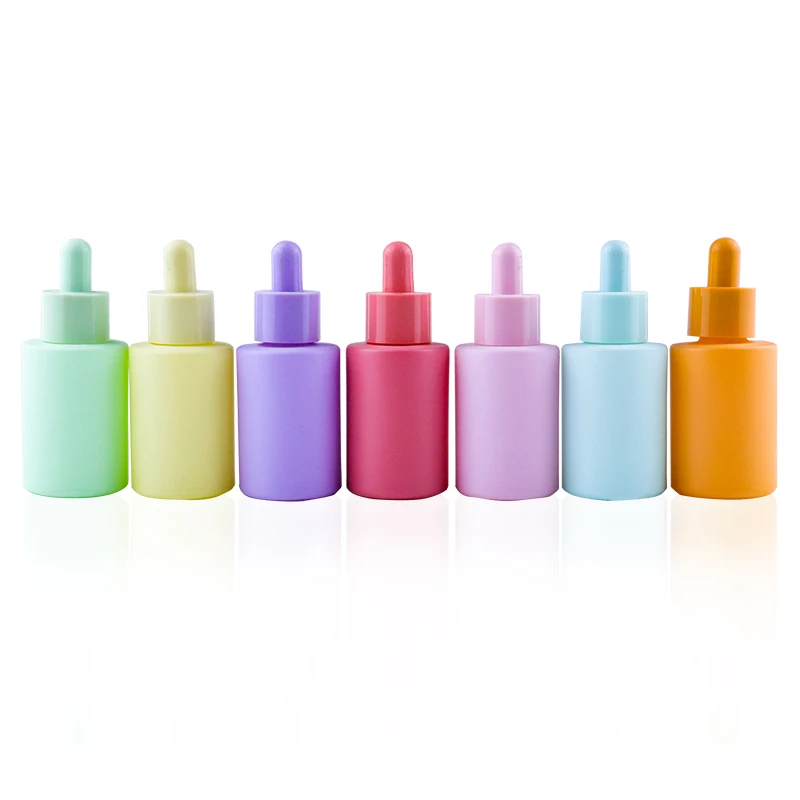 

30ml 1oz cosmetic skin care essential oil essence packaging frosted glass dropper bottle with green orange red color rubber lids