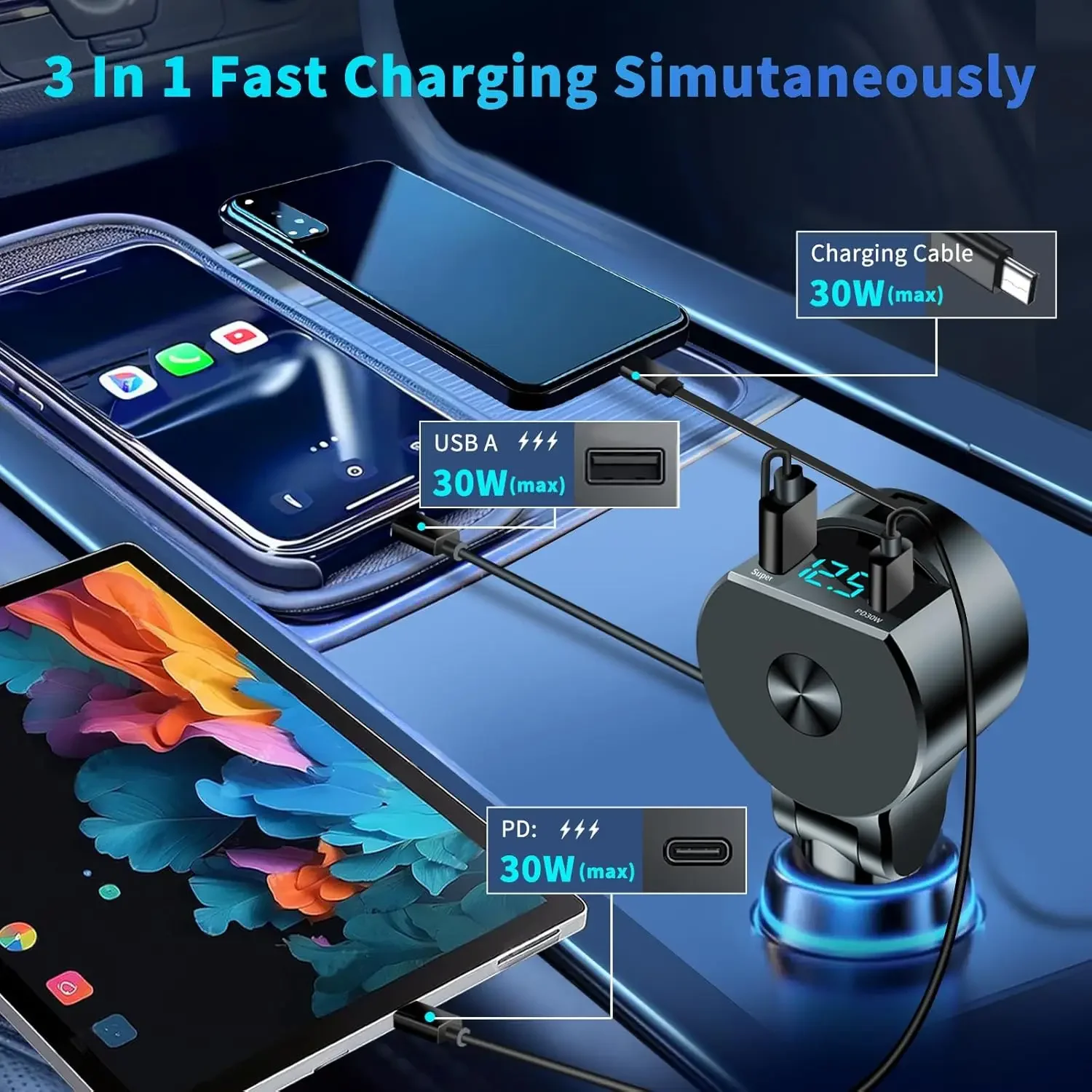 Aluminum Car Charger with Dual Cables for Fast Charging