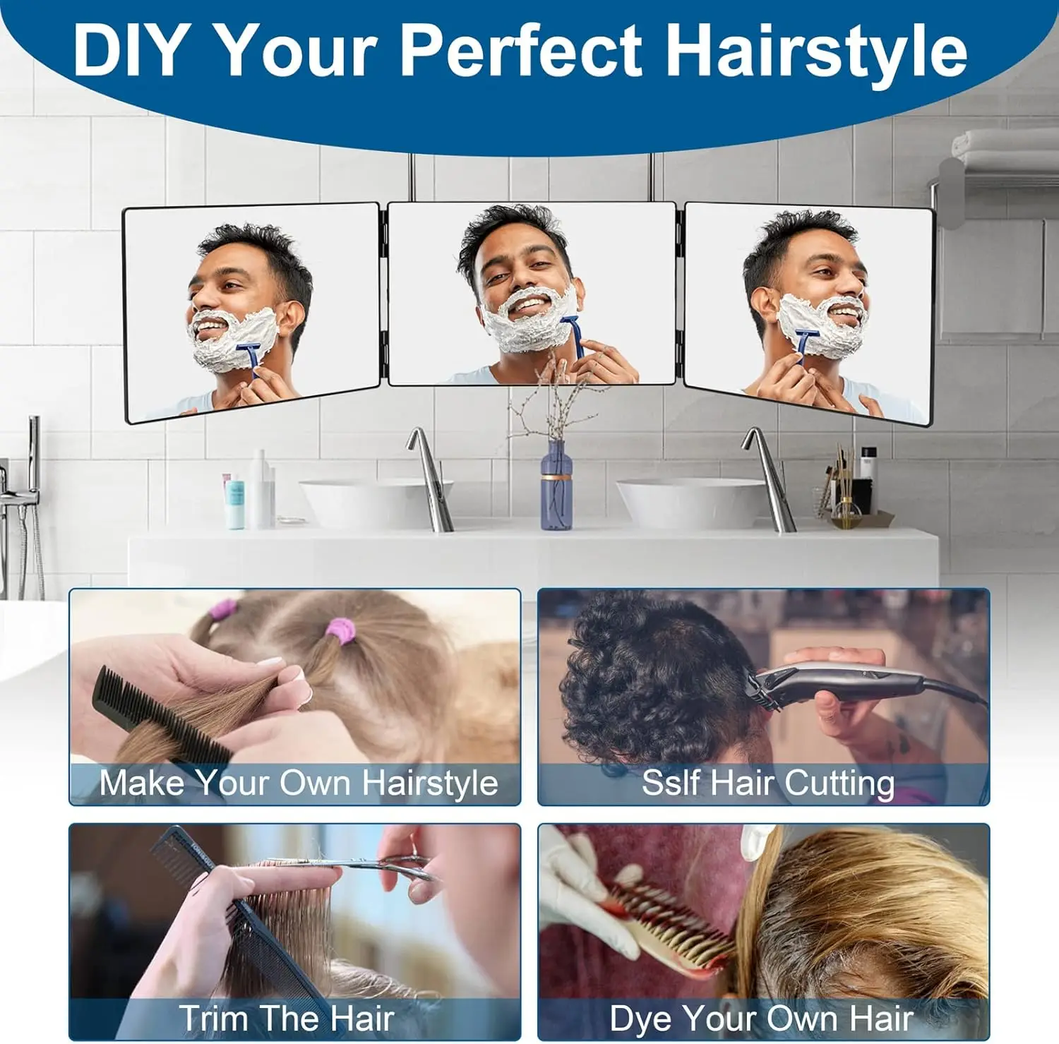 셀프 헤어 커팅용 3면 거울, 360도 헤어컷 남성용 이발 도구, 높이 조절 가능한 텔레스코핑 후크가 있는 삼면 접이식 거울