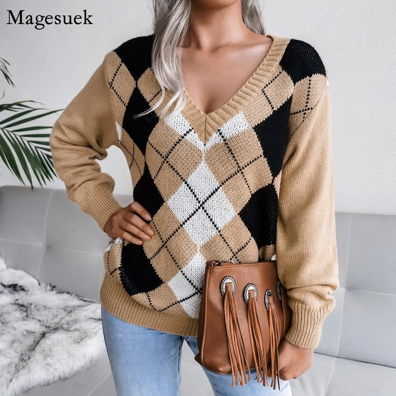 

Vintage Argyle Pullover Women Sweater Long Sleeve Loose Plaid Knit Jumper Sweaters Autumn Winter 2022 V Neck Knitwear Tops 23223