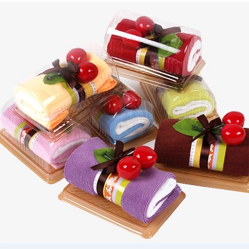 

50sets/lot hotsale Swiss Roll Towel Lovely Mini Cake shape Towel Microfiber fabric Kids Hand Towel Face Towel Party Gifts