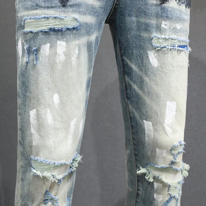 Streetwear Fashion Men Jeans Retro Blue Stretch Skinny Fit Ripped Jeans Men Splashed Painted Designer Hip Hop Brand Pants Hombre