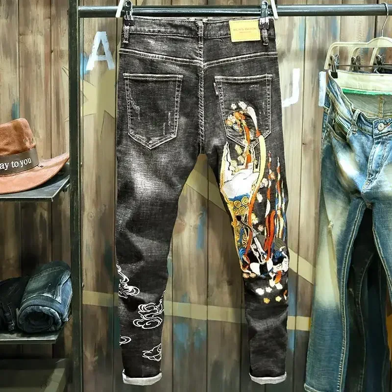 thumbnail image 1 of Pantalones vaqueros ajustados para hombre con estampado, pantalones vaqueros para hombre, pantalones ajustados con gráficos, ropa de calle Y2k, pantalones vaqueros apilados elegantes e informales, 1 of 4
