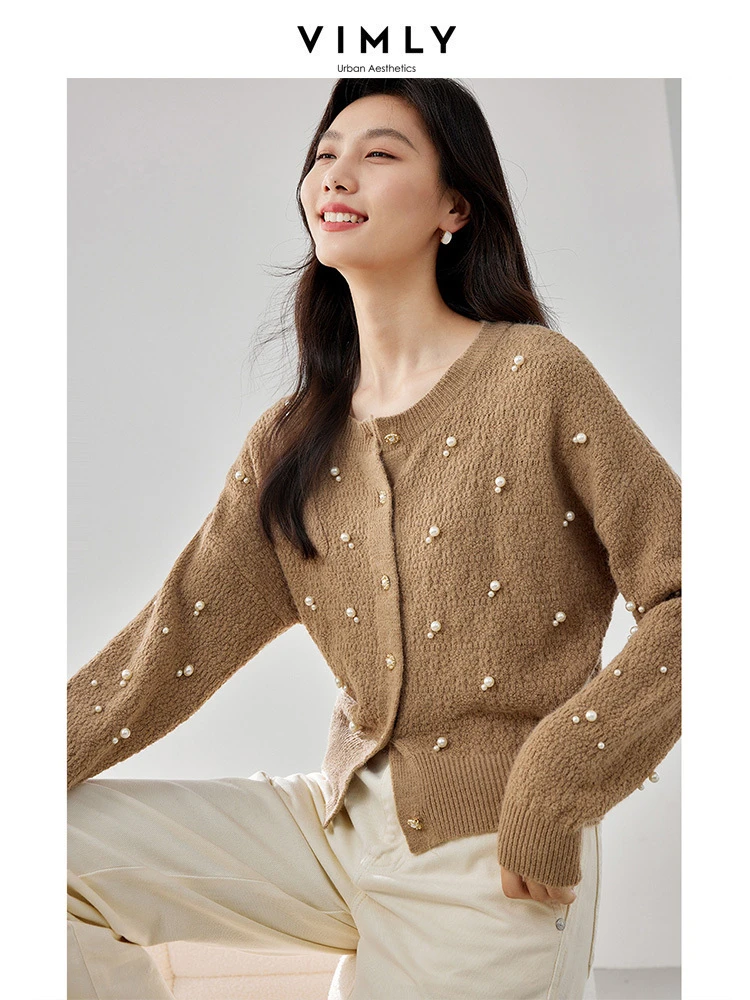 

Vimly Khaki O-neck Knitted Cardigan 2023 Autumn Winter Long Sleeve Tops High Strecth Single Breasted Knitwear Sweater Coat 72525