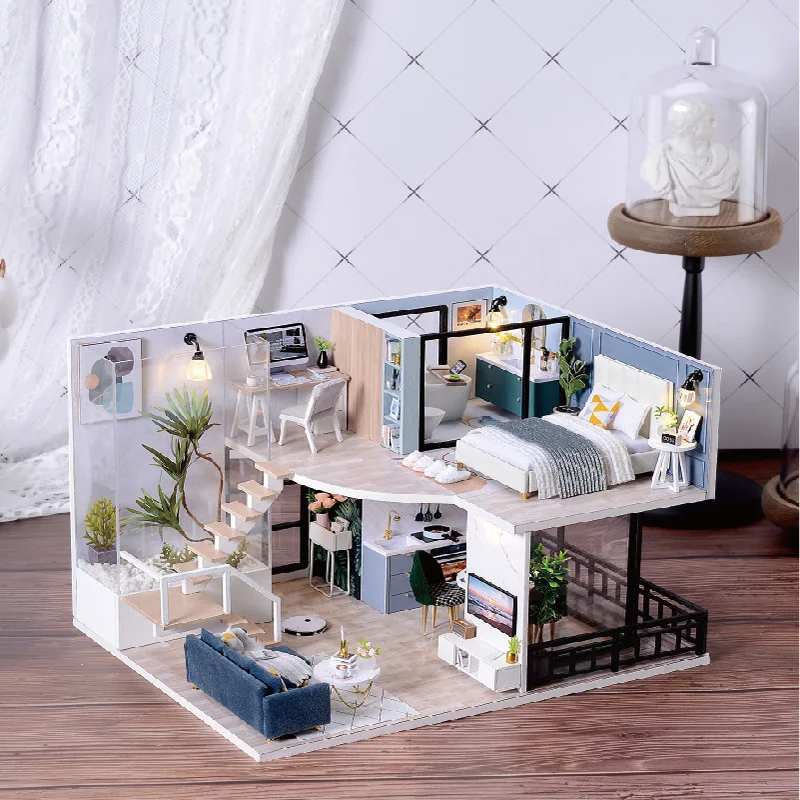DIY Wooden Miniature Model Kit Girls Modern Loft Casa Doll Houses 3D Puzzle Dollhouse With Furniture LED Lights for Friends Gift 4