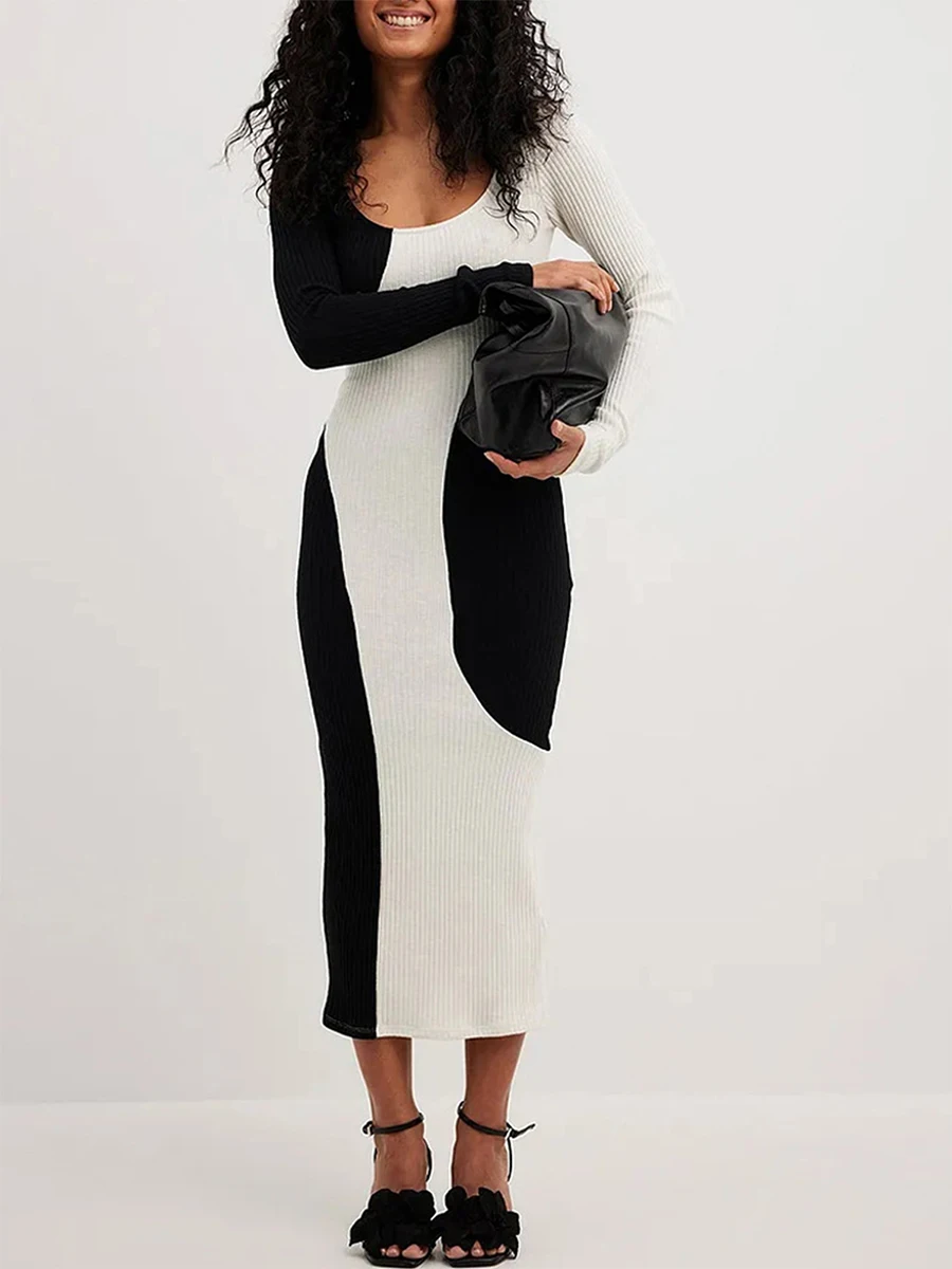 

Stripe Matching Knitted Dress Women Fashin O-neck Long Sleeve Maxi Dresses Female Loose Knitting Vestidos
