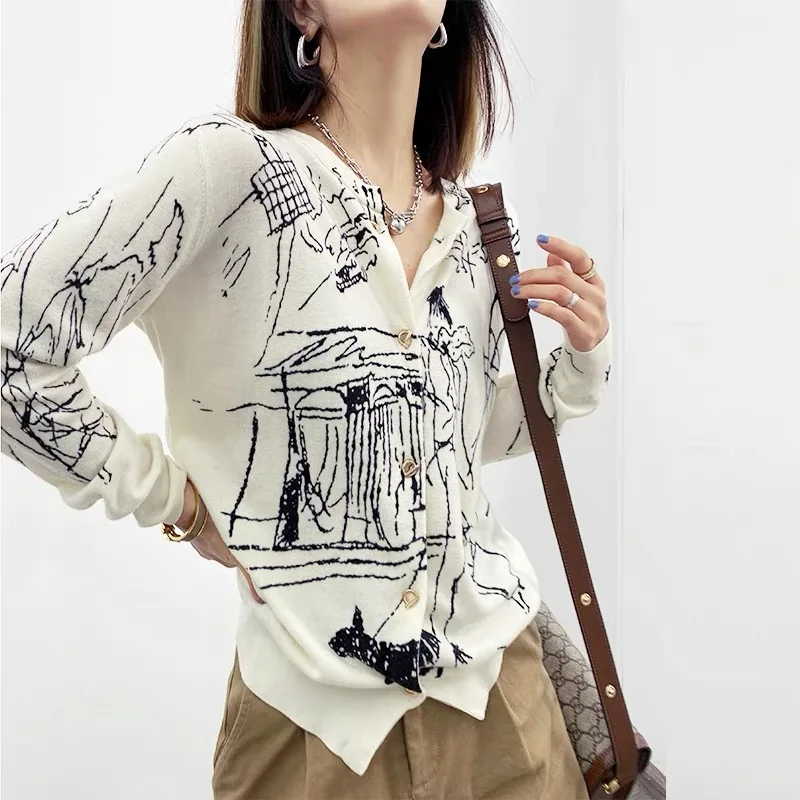 Spring And Autumn New Women's Wool Knitted Jacket Round Neck Thin Section Graffiti Worsted Wool Loose Fashion Cardigan Sweater