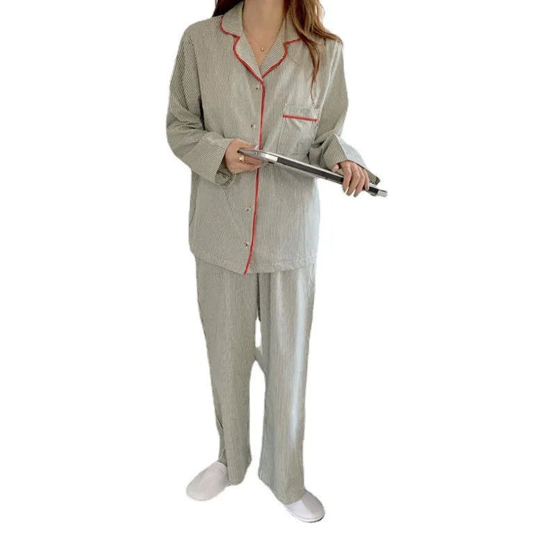 Women's Simple Striped Long-sleeved Cardigan 2 Piece Set Pajamas for Spring