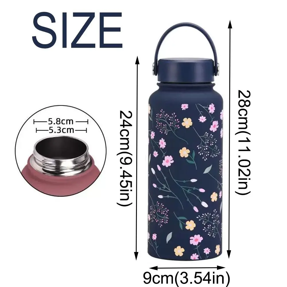Creative Thermal Water Bottle Portable 1L Outdoor Insulated Mug Large Capacity Stainless Steel Floral Insulated Bottle