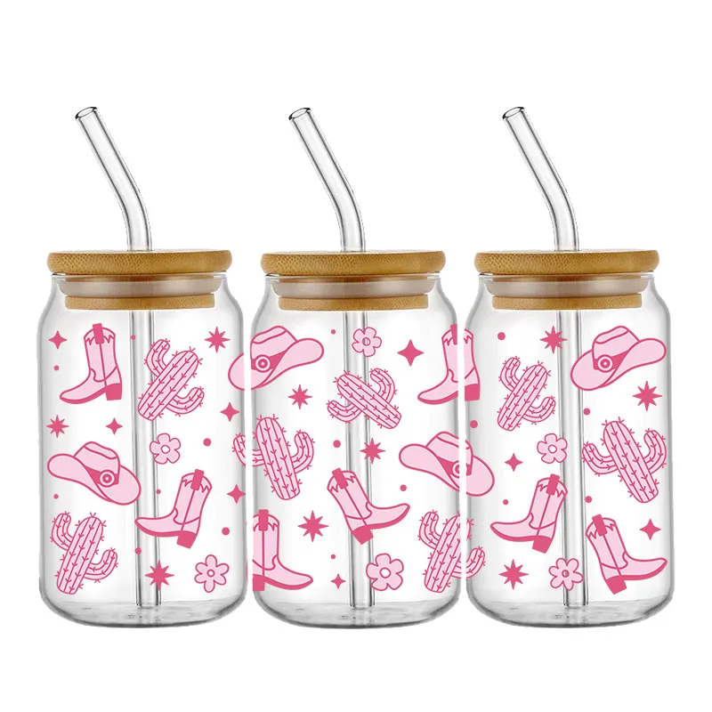 핑크 부츠 모자, 16OZ UV DTF 컵 랩 전사 스티커, 유리 리비 캔 병 자체 접착 세척 가능, DIY 커스텀