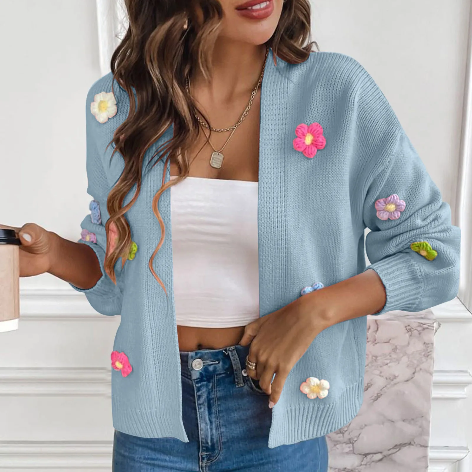 

New Handhook Flower Knitted Open Front Sweater Coat For Women Long Sleeve Soft Comfortable Fashionable Cardigan
