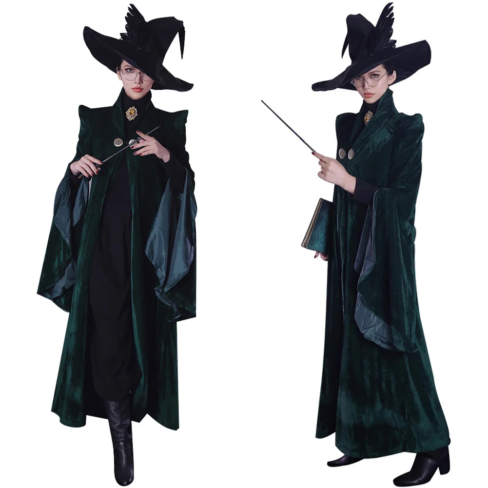McGonagall Cosplay Velvet Robe Costume Wand Hat Witch Roleplay Fantasia  Outfits Cartoon Magic Movie Clothes Women Halloween Suit, image size:1001x1001