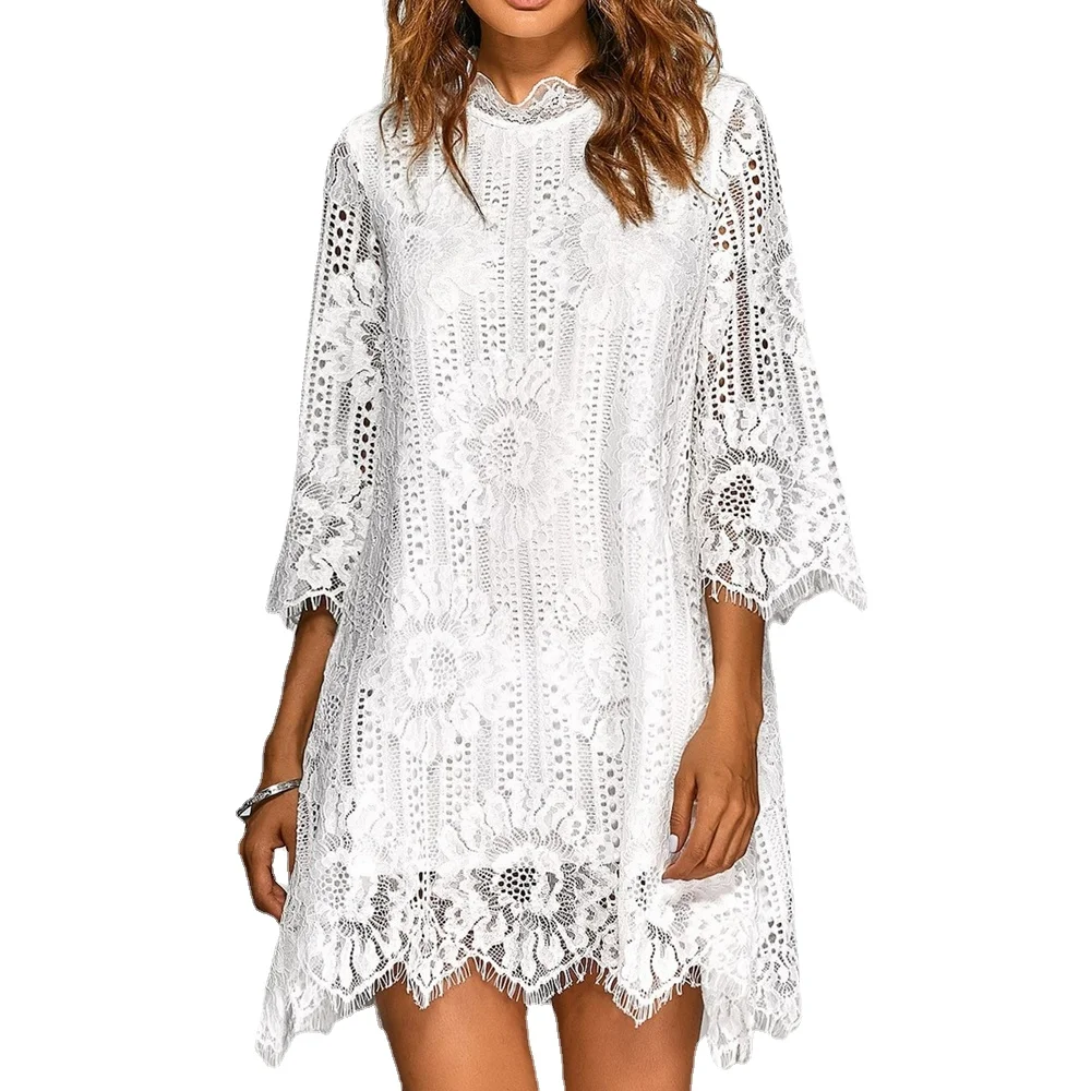 

Elegant Lace Dress for Women, Simple Solid Color, Three Quarter O-Neck Mini Dress, Summer Fashion