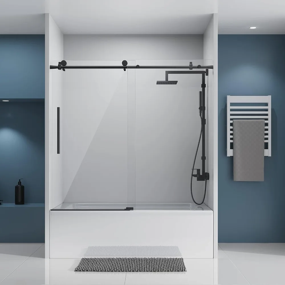 56-60" W x 59" H Frameless Sliding Bathtub Door,Tub Shower Door,Bathtub Shower Door, 5/16" (8mm)Clear Tempered Glass,Matte Black 2