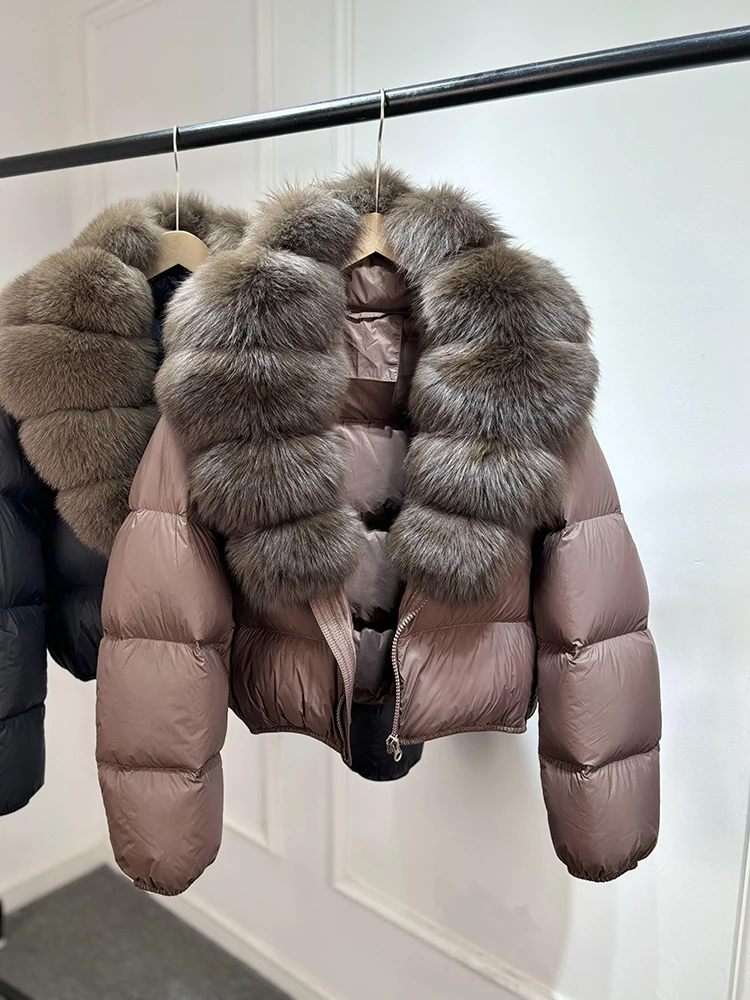 Janveny 2025 New Puffer Jacket Women With Large Natural Fox Fur Collar Short Fluffy Thick Parkas Female 90% White Duck Down Coat